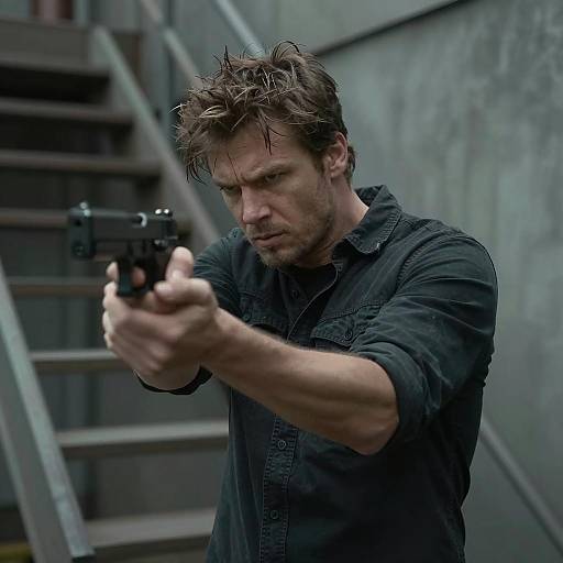 Man Aiming Handgun in Industrial Setting