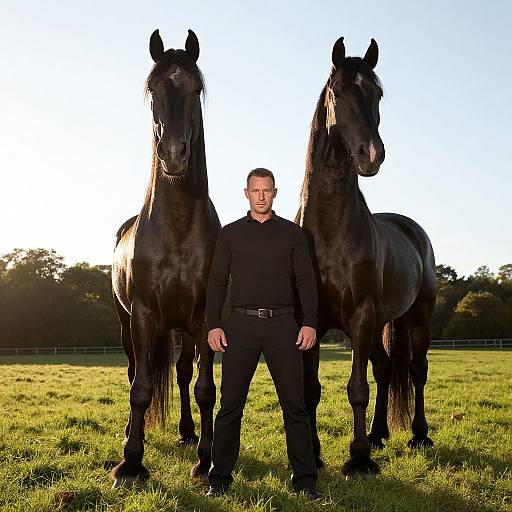 Confident Man with Majestic Friesian Horses