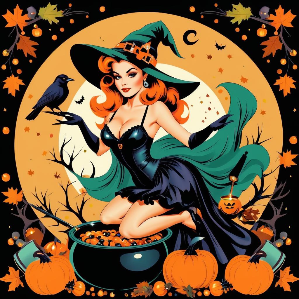 Vintage Pin-Up Witch in Halloween Scene