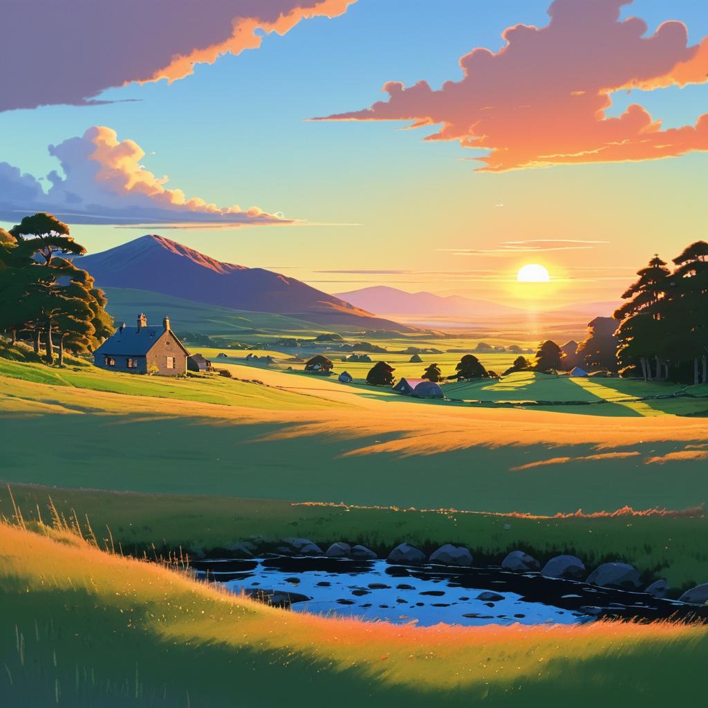 Whimsical Scottish Highlands at Sunset