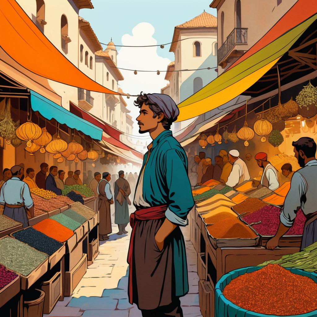 Bustling Market Scene in Mucha Style