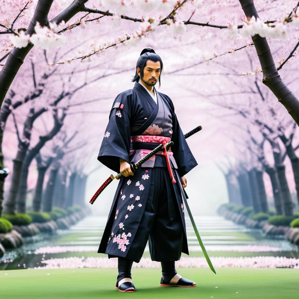 Serene Samurai in Cherry Blossom Grove