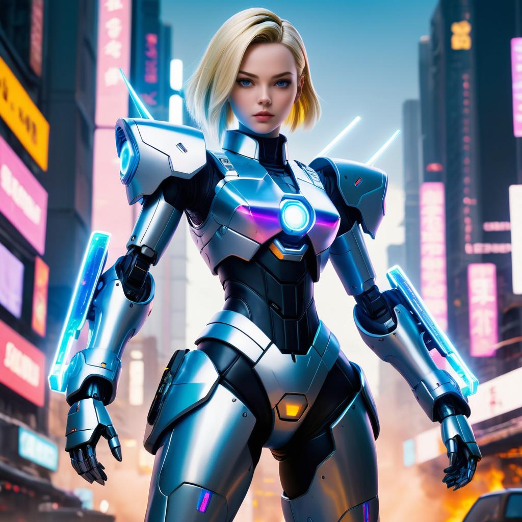 Mecha Android 18 in Burning Cyberpunk City