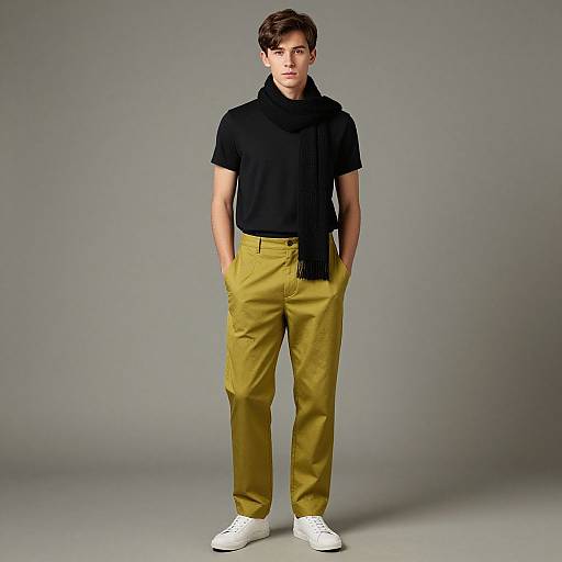 Photograph of a young man with short brown hair, wearing a black t-shirt, black scarf, mustard yellow pants, and white sneakers, standing against