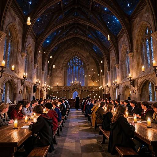 Photograph of a dimly lit, Gothic-style church with starry vaulted ceiling, rows of wooden pews, lit candles, and a diverse