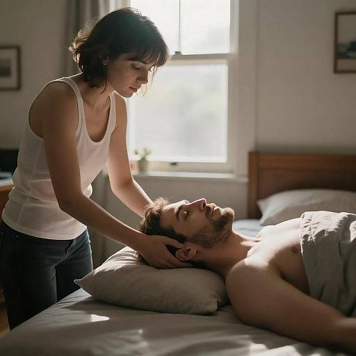 Intimate Bedroom Scene with Two Friends