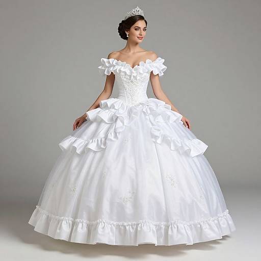 Photograph of a fair-skinned woman in an off-shoulder, white, full-skirted wedding gown with ruffled trim, wearing a