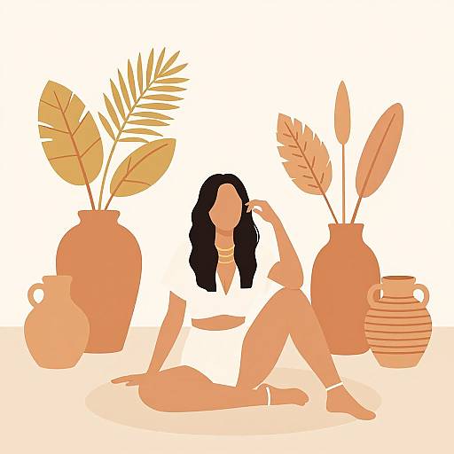 Digital illustration: Faceless woman with black hair lounges between two large orange vases with leafy plants, and a small striped pot.