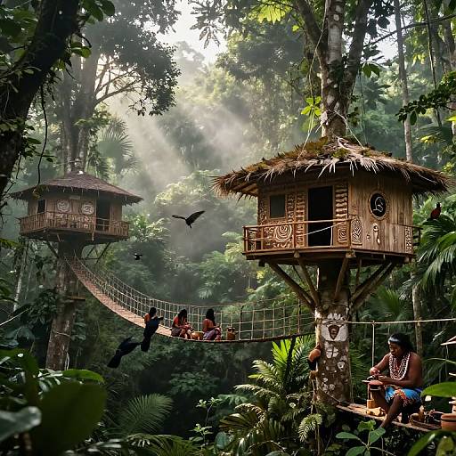 Photograph of a lush jungle with two wooden treehouses connected by a rope bridge, people sitting, surrounded by dense greenery and sunlight filtering through trees