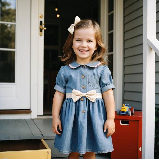 Smiling Toddler Girl in Chambray Dress on Porch