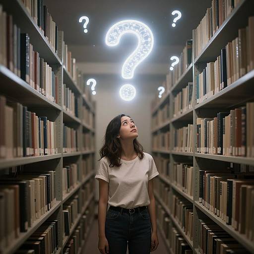 Photograph of a young woman with wavy dark hair, wearing a white t-shirt and jeans, standing in a library aisle with glowing question marks overhead