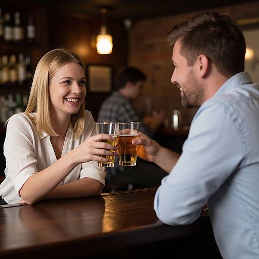Photograph of a smiling blonde woman in a white blouse and a bearded man in a blue shirt clinking beer glasses at a dimly lit bar