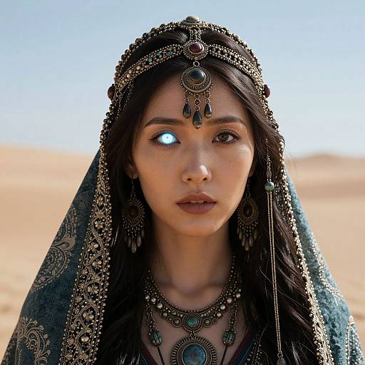 Photograph of a young woman with dark hair, wearing an ornate, jeweled headpiece and veil, set against a sunlit desert background.