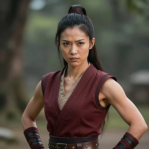 Muscular Woman in Ninja Outfit Outdoors