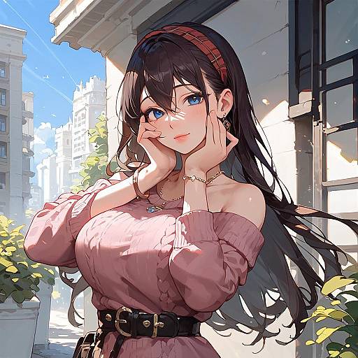 Anime-style digital drawing of a beautiful, blue-eyed woman with long black hair, wearing an off-shoulder pink sweater, black belt, and red
