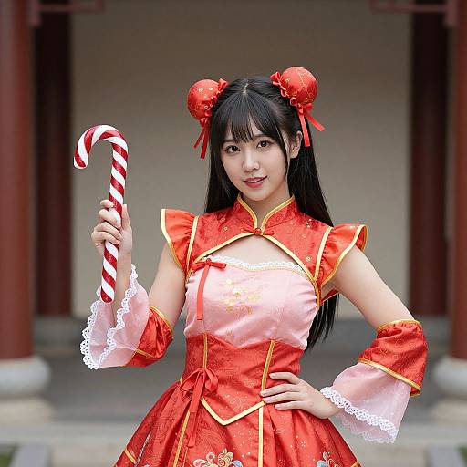 Asian woman in red, gold-trimmed Chinese dress with double buns, holding a candy cane, standing in traditional building. Photorealistic CGI