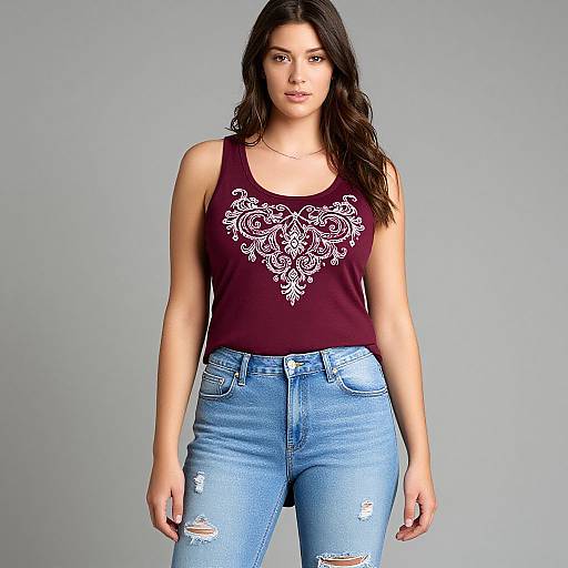 Photograph of a young woman with long brown hair, wearing a maroon tank top with white floral embroidery, and light blue ripped jeans, standing against