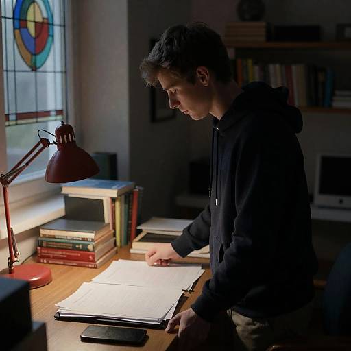 Young Man at Cluttered Desk Scene