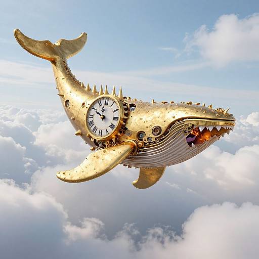 Gold, clock-faced whale with sharp spikes and open mouth, soaring through a blue sky with fluffy white clouds. Surreal, steampunk-style artwork