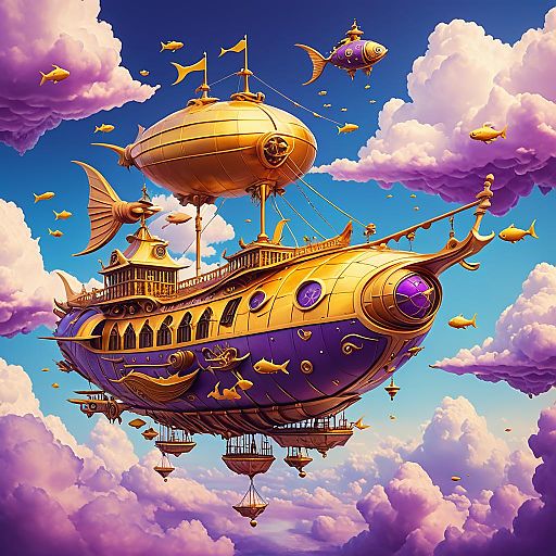 Fantasy Flying Ship with Gold Fish Design