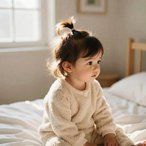 Photograph of a young Asian girl with dark hair in a small ponytail, wearing a fluffy white sweater, sitting on a sunlit bed in a