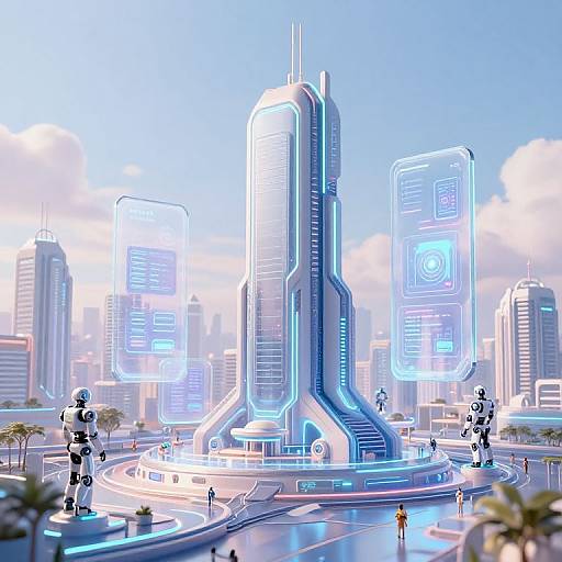 CGI futuristic cityscape with towering neon-lit skyscrapers, holographic screens, and robotic figures on a circular plaza under a bright blue sky