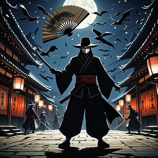 Masked Shadow Leader with Folding Fan on Kagura Stage