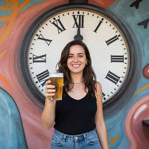 Woman Holding Beer by Clock Mural