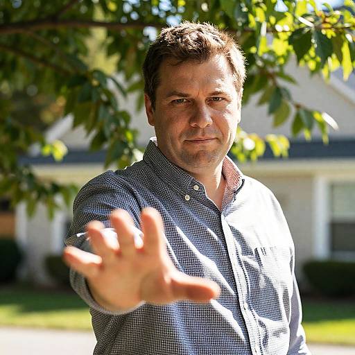 Focused Man with Checkered Shirt in Nature