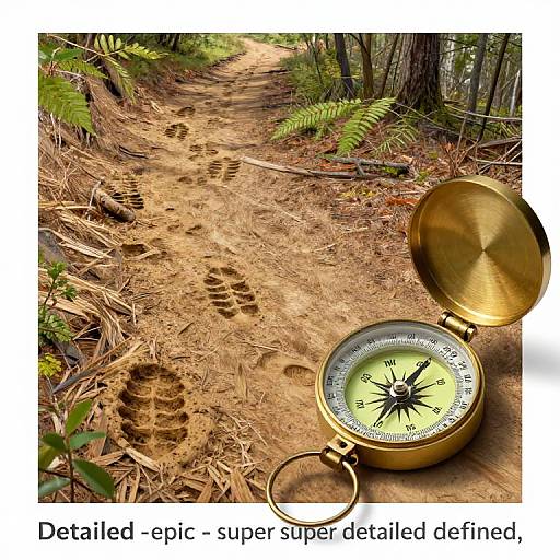 Photograph of a gold compass with open lid on a dirt forest path, surrounded by ferns and tree trunks, with visible footprints. Text