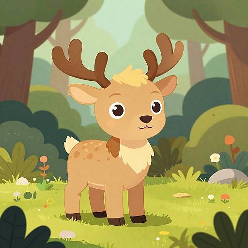 Cute, cartoon-style digital illustration of a young, light-brown deer with large antlers and big eyes standing in a sunny forest clearing with colorful