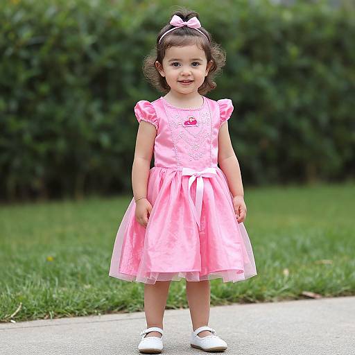 Photograph of a young girl with curly brown hair, wearing a pink dress, white bow headband, white shoes, standing on a sidewalk with green