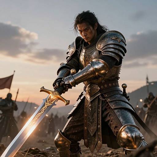 Photorealistic CGI of a dark-haired, muscular warrior in shining medieval armor, gripping a glowing sword at sunset, surrounded by silhouetted soldiers