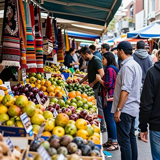 Photograph of a bustling outdoor market with colorful fruit stalls, customers browsing, and vibrant textiles hanging overhead under green canopies.