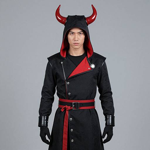 Photograph of a young man wearing a black hooded coat with red horns, red lining, red belt, and black gloves, standing against a plain