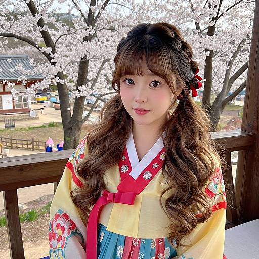 Photograph of a young Asian woman with long, wavy brown hair, wearing a colorful, floral-patterned traditional Korean hanbok, standing in