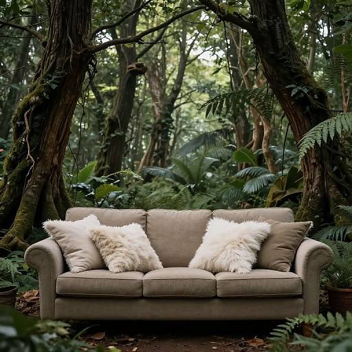 Photograph of a beige couch with two fluffy white pillows in a lush, dense forest, surrounded by tall trees and green ferns.