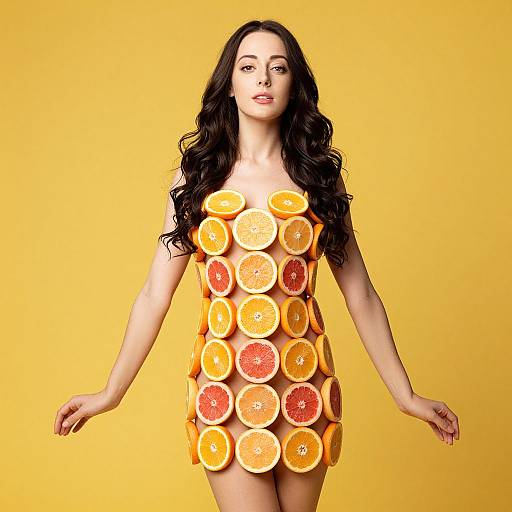 Photograph of a fair-skinned woman with long black hair, wearing a dress made entirely of colorful citrus slices on a bright yellow background.