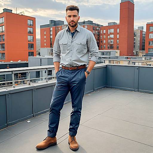 Stocky Man in Workwear on Rooftop
