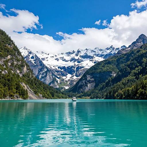 Photograph of a turquoise lake with a small white boat, surrounded by snow-capped mountains and dense green forests under a bright blue sky with white clouds