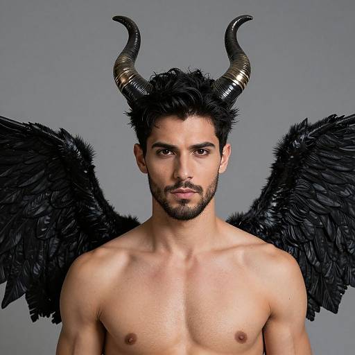 Photograph of a shirtless, muscular man with dark, curly hair, black horns, and large black feathered wings against a gray background.