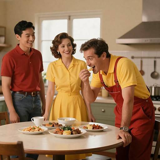 Three People Enjoying Food in Vintage Kitchen