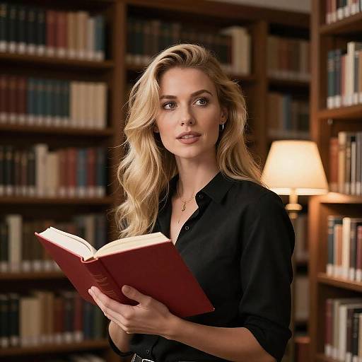 Curious Blonde Woman in Dim Library