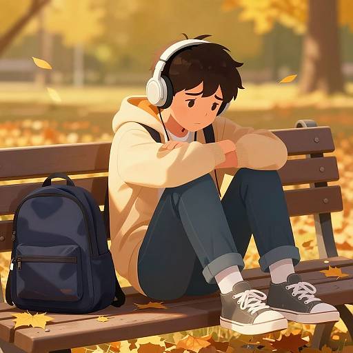 Anime-style digital illustration of a shy boy with black hair, wearing headphones, a beige hoodie, blue jeans, and black sneakers, sitting on a wooden