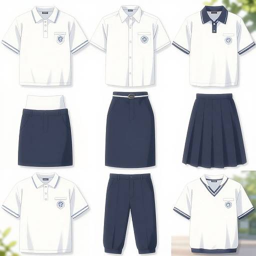 Photograph of six white and navy school uniforms: four polo shirts with navy accents and two pleated skirts, with matching navy shorts and pants. Background