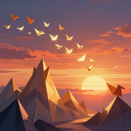 Digital illustration of a vibrant sunset with jagged, purple and orange mountains. A flock of glowing, paper-like birds flies across the colorful sky, with
