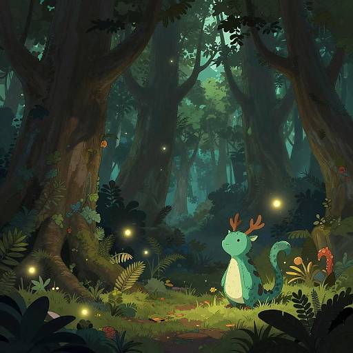 Enchanted forest illustration: Glowing fireflies surround a teal, antlered dragon with a luminous belly, standing amidst lush foliage and towering