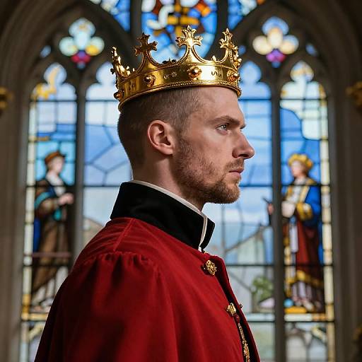 Photograph of a bearded man with a short haircut, wearing a golden crown and red royal robe, in front of a colorful stained glass window.