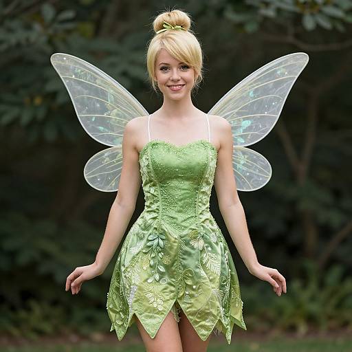 Photograph of a blonde fairy with a bun, green, lace-trimmed dress, and translucent wings, smiling in a forest background.