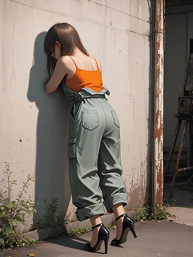 Photograph of a woman with long brown hair, wearing an orange tank top and green overalls, leaning against a weathered wall, in black high